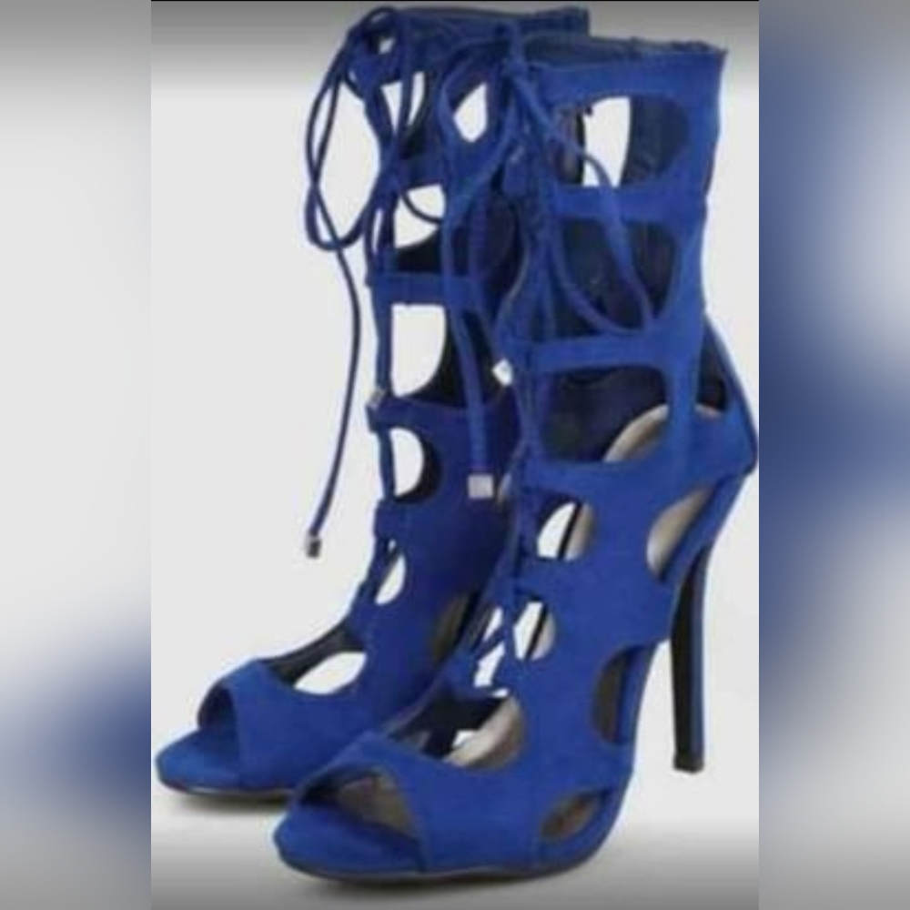 Breckelles Roma-61 Lace-Up Gladiator Peep Toe High Heel: (1) Leopard & Blue~5.5 - Picture 8 of 10